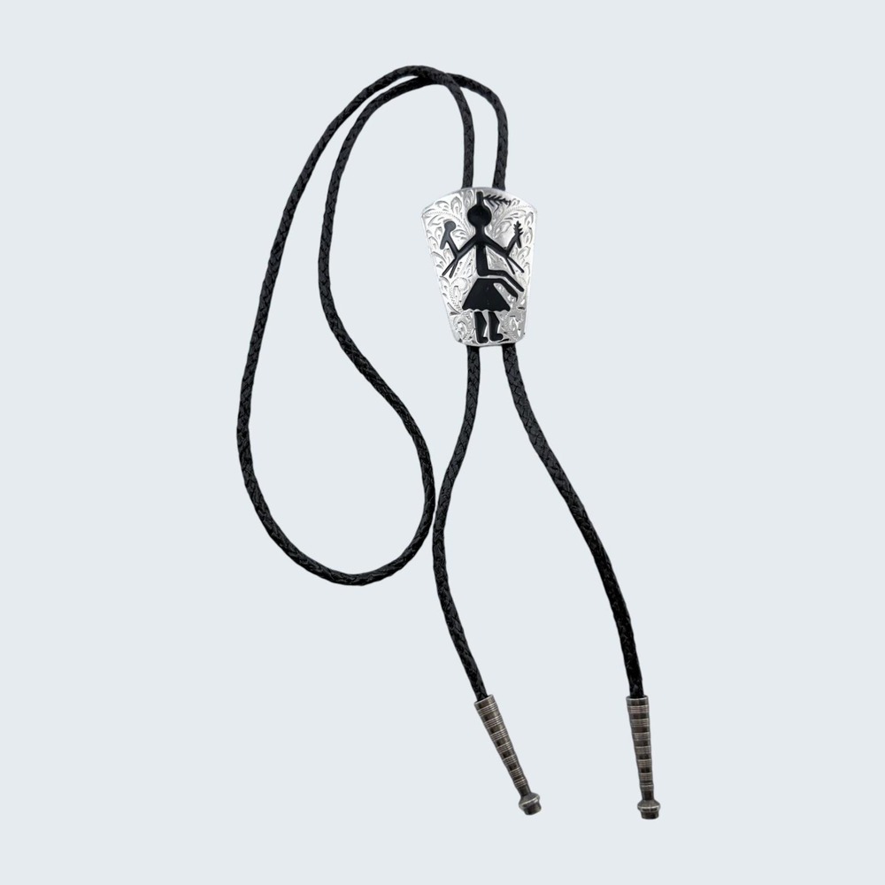 Vintage Unbranded Bolo Tie Silver Black Kokopelli Southwestern Western Wear